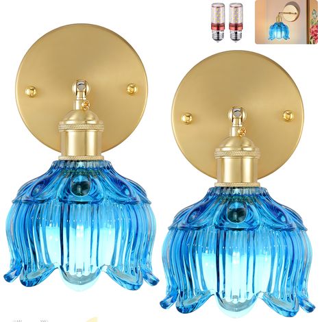 Lot de 2 appliques murales avec ampoule, lampes de chevet vintage, appliques murales pour miroir de salle de bain, applique murale fleur en verre (1/5)