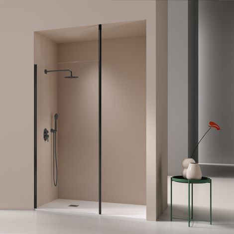 Walk In Duschwand mit Deckenstrebe FRESH LEVANTE schwarz - Glas 8mm / 110-111 cm / mit Sichtschutz
