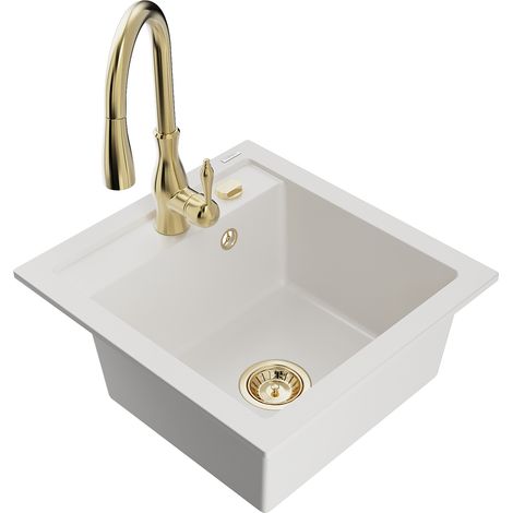 Mexen Vito lavello in granito a 1 vasca con miscelatore da cucina Savita, bianco - 6503-20-672601-50 (1/5)
