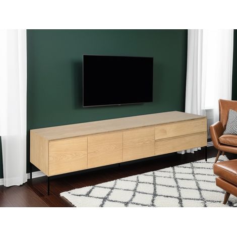 Meuble TV chêne massif 3 portes 2 tiroirs – Dimensions 220x45x52 cm – Système soft close – Pieds en acier pour solidité (1/5)