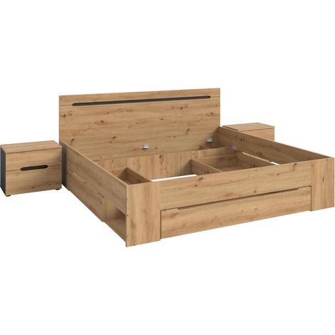 Canu Schlafzimmer-Set Bett 180x200 cm 3 Schubladen, 2 Nachttische grau, Eiche Dekor.