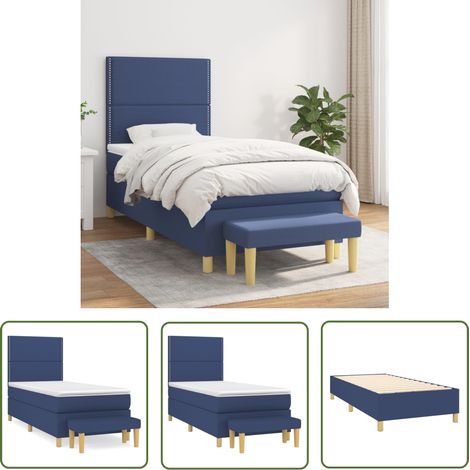 The Living Store Sommier à lattes de lit avec matelas Bleu 100x200 cm Tissu - Lit Plateforme - Lit Double - Literie - Matelas À Ressorts Ensachés - Têtière Ajustable (1/5)
