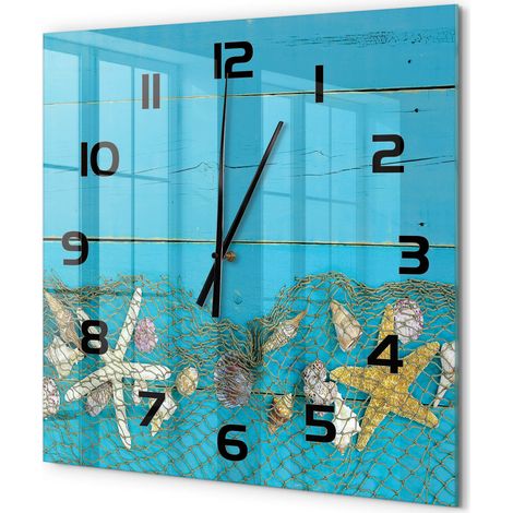 Grande Horloge Murale Carrée Design Original Verre Silencieuse Déco Maison Étoiles de mer et coquillages 60x60 cm (1/5)