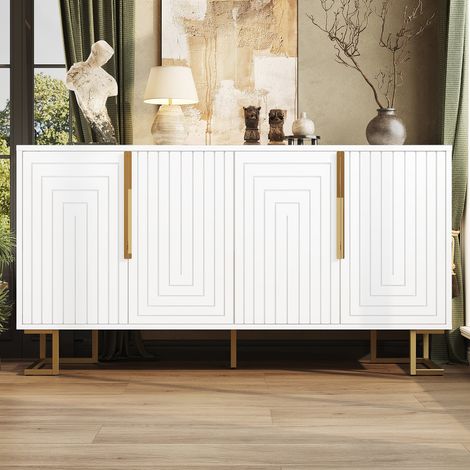 Buffet blanc 152x40x75 cm avec motif géométrique unique, poignées et pieds dorés élégants (1/5)