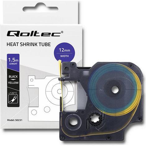 Tubo termorretráctil Qoltec para impresoras DYMO D1/DM1  12 mm x 1,5 m  Amarillo  Impresión en negro (1/5)