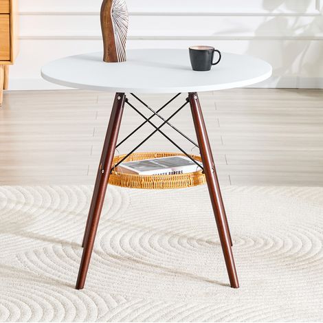 Mesa de comedor redonda 80 cm blanca y nogal en MDF y madera maciza con cesta colgante (1/5)