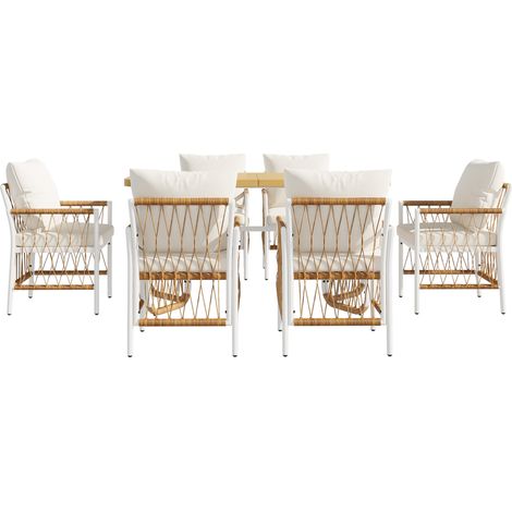 Set de comedor exterior de 1 mesa y 6 sillas de hierro con cojines beige y tablero efecto madera (1/5)