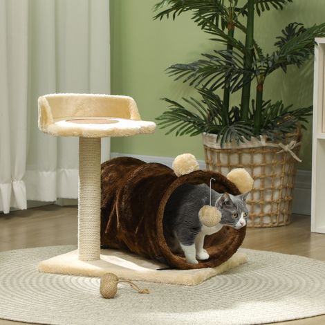 Árbol Rascador para Gatos Altura 47 cm con Túnel Nido Plataformas Bola de Juguete y Poste de Yute Marrón Oscuro (1/5)