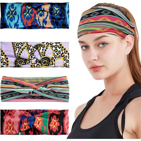 4 Pièces Bandeau Cheveux Femme, Bandeau Cheveux de Yoga, Bandeaux Mode pour Femmes, Élastique Bandeau Style Bohème, Bandeau Sport Femme, Bandeau de Absorbant la Sueur pour Jogging Yoga Vélo (1/5)