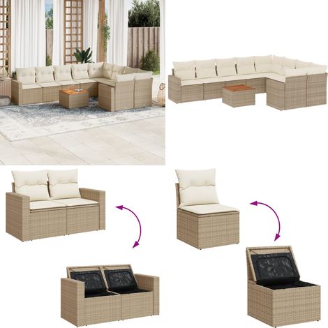 10-tlg. Garten-Sofagarnitur mit Kissen Beige Poly Rattan - Gartenmöbelset - Rattan Möbel - Outdoor Set - Lounge Set - Esstisch - Home & Living (1/5)