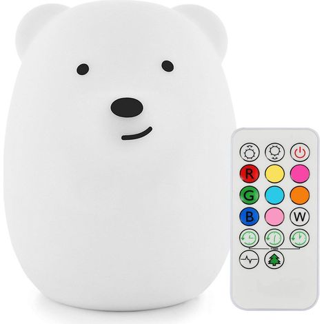 Veilleuse Enfant Ours Silicone Souple Lampe Chevet LED 9 Couleurs Rechargeable Télécommande Cadeau Noël Chambre Bureau Salon Extérieur (1/5)