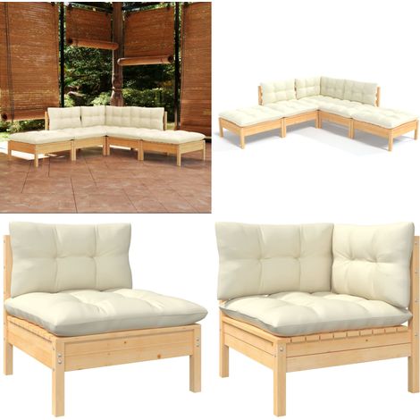 5-tlg. Garten-Lounge-Set mit Creme Kissen Kiefernholz - Gartensessel - Lounge Set - Gartenmöbel - Outdoor Möbel - Rattan Sessel - Home & Living (1/5)