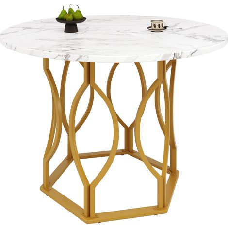 Table à manger ronde 4 places 100 x 100 cm, plateau MDF blanc marbré, pieds métal doré réglables, idéale pour salle à manger, cuisine, salon, bureau - CHICFURN (1/5)