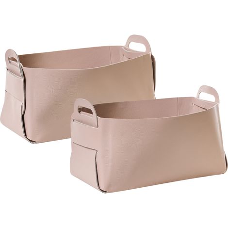Conjunto de 2 cestas de almacenaje con asas hechas a mano de piel sintética rosa pastel Nuzi