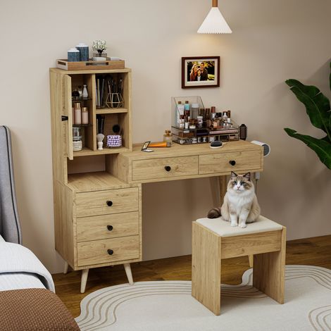 Coiffeuse effet bois naturel avec miroir escamotable, 5 tiroirs, meuble latéral, plateau extensible et tabouret rembourré beige chambre (1/5)