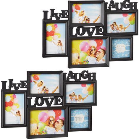 Relaxdays Set of 2 Picture Frames Live Love Laugh, Hanging Gallery for 5 Photos in Various Sizes, 3D Collage (1/5)