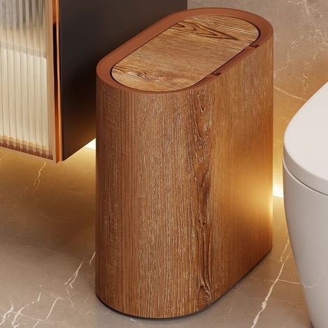Poubelle étroite pour salle de bainCouleur noyerPlastique étanche 900gConçue pour espaces confinésCouvercle à pression