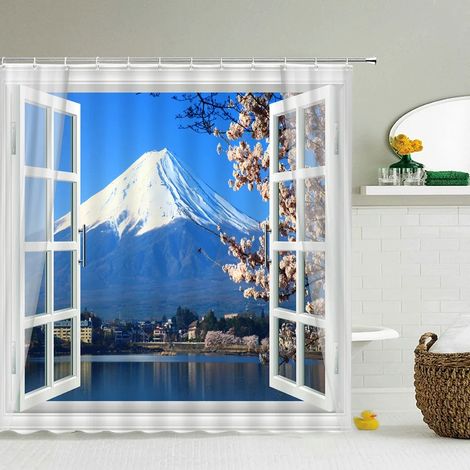 Rideau de douche imprimé en 3D, motif forêt, 180 x 200 cm, imperméable et lavable, avec crochets. Dimensions : L 180 x H 240 cm.