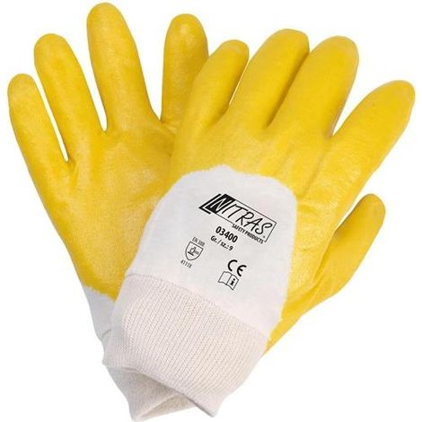 Nitril-Handschuhe gelb Gr.9 EN 388 teilbeschichtet Handrücken offen NITRAS (1/2)