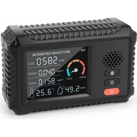 5-in-1-Multifunktions-Luftqualitätsdetektor, LCD-Großbildschirm, Kohlendioxid, CO, CO2, TVOC, Temperatur- und Feuchtigkeitsdetektor, Home-Office-Schreibtisch, Auto, Innenluftqualitätsmonitor (schwarz) (1/5)