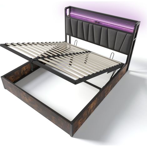 CAIziLit rembourré en métal LED avec contrôle par application, lit double avec recharge USB, tête de lit et éclairage LED, lit en métal 160x200cm avec sommier à lattes en bois, gris (sans matelas) (1/5)