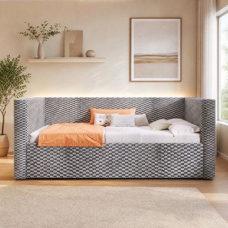 DESMIU Lit banquette 90 × 200 cm 1 place avec rangement hydraulique et LED, sans matelas, en velours, gris (1/5)