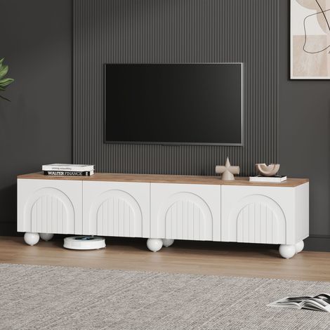 Meuble TV 180x40x45cm avec 4 portes, support télé et buffet bas, 6 pieds métalliques à boules, console TV pour écran jusqu'à 80 pouces, finition bois et blanc, rangement élégant. (1/5)