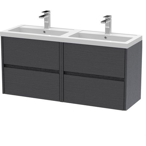 Chartley Contemporary 4 Drawer Wall Hung Vanity Unit with Double Basin, Graphite Grey Woodgrain, 1200mm
