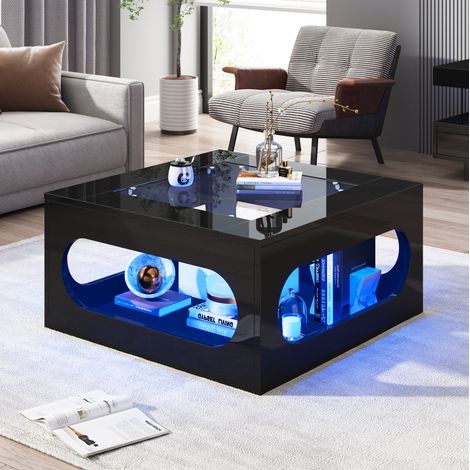 Couchtisch (70 x 70 x 35 cm), quadratisch, mit LED Lichtstreifen und gehärteter Glasplatte, MDF, Schwarz (1/5)