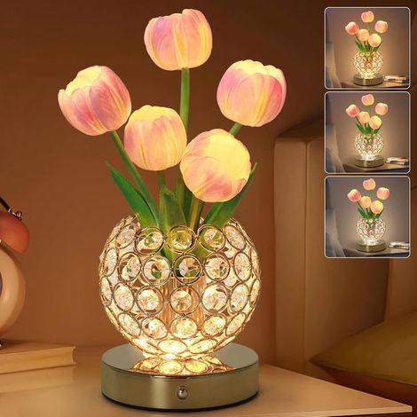 Veilleuse-fleurs Tulipe – Veilleuse en cristal à intensité variable en continu (3 couleurs), lampe-fleur artificielle rechargeable – Rose (1/5)
