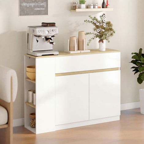 Buffet avec 2 tiroirs, 3 étagères ouvertes et 2 compartiments avec portes, 110 x 29,5 x 82 cm, blanc. (1/5)