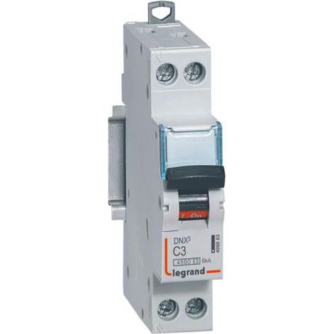 Disjoncteur Phase+Neutre DNX³4500 6kA arrivée et sortie borne à vis - 1P+N 230V 3A courbe C - 1 module - LEGRAND
