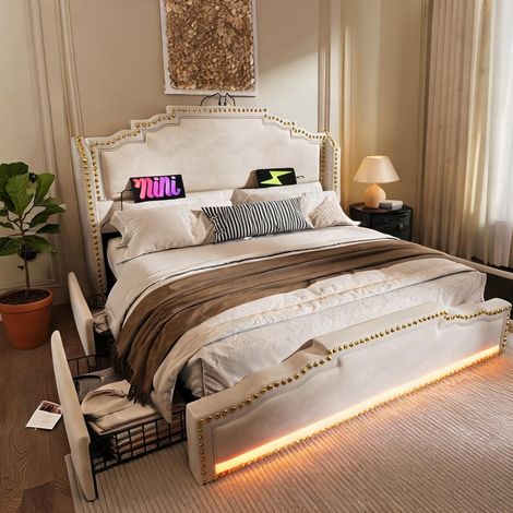 Cadre de lit beige en velours 214 x 149 x 120 cm (1/5)
