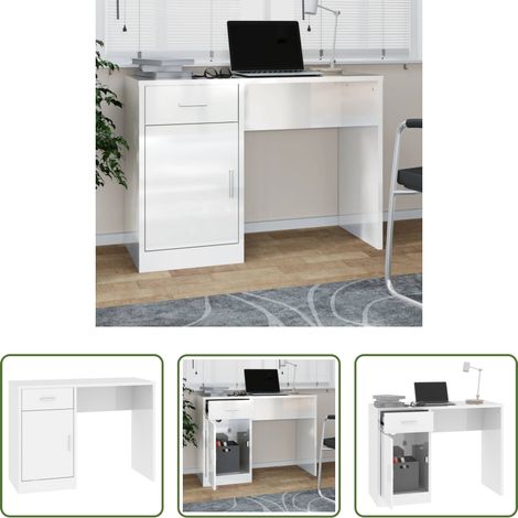 Holzschreibtisch - Schreibtisch mit Stauraum Hochglanz-Weiß 100x40x73 cm (1/5)
