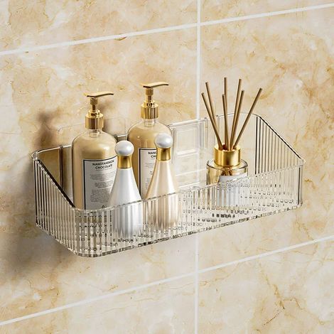 Étagère de rangement murale d'angle transparente pour salle de bain, en acrylique non poreux, antidérapante et imperméable. Idéale pour ranger vos produits cosmétiques. (1/5)