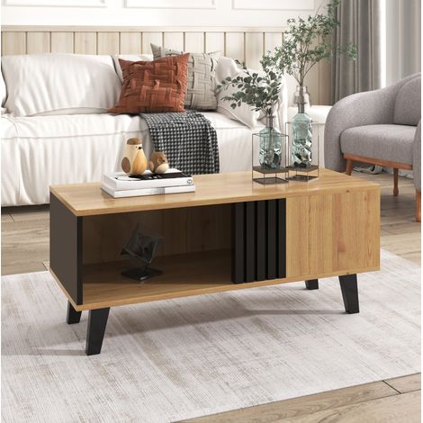 Tavolino da salotto 100x60x45 cm in legno naturale e nero con contenitore FloraGrace (1/5)