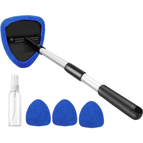 Kit de Nettoyage Vitres Voiture, 4 Chiffons Microfibre, Essuie-Glace Interieur avec Manche Telescopique, Lavage Pare-Brise Auto, Bleu (1/5)