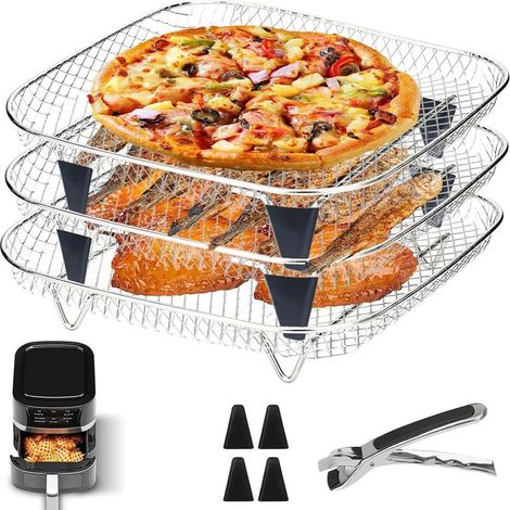 Zubehörset für Heißluftfritteusen, Edelstahl – dreistufiger Metallrost, geeignet für Heißluftfritteusen, kann als Abtropfrost und Kochrost verwendet werden, lebensmittelecht und langlebig.
