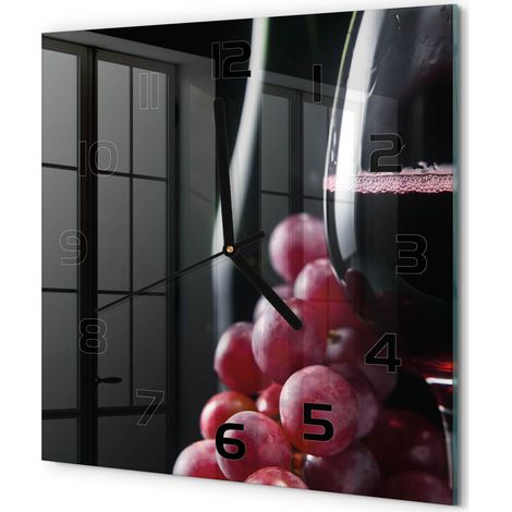 Horloge Murale Carrée Décoration Murale Verre Trempé Design Artistique Raisins et vin 30x30 cm (1/5)