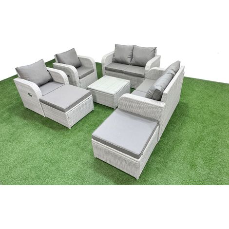 Fimous 8 Seater Outdoor Reclining Chair Love Sofa Set Rattan Garden Furniture Set with Square Coffee Table 2 Big FootStools Light Grey (1/5)