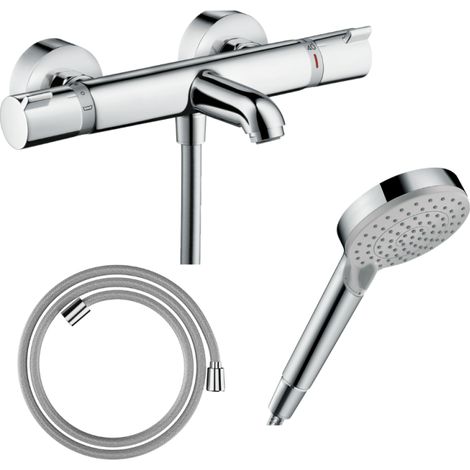HANSGROHE Pack mezclador termostático para baño-ducha Ecostat Comfort + Designflex flexible 160 cm + rociador Vernis Blend 100 EcoSmart 2 chorros cromado