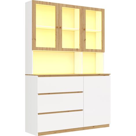 Vetrina alta con LED 120 x 200 cm in MDF bianco e rovere (1/5)
