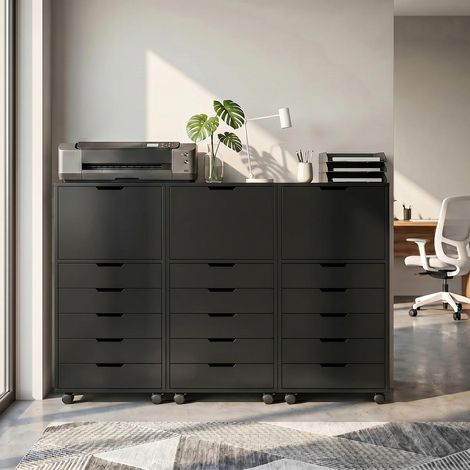 Caisson de Bureau à 5 Tiroirs Soft-Close Meuble de Rangement Mobile avec Roulettes 48x40x100 cm Noir (1/5)