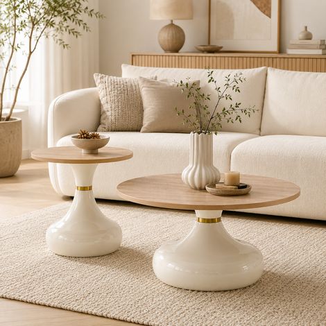 Ensemble de 2 tables d'appoint design en silhouette de flacon, dessus en bois aspect pierre travertin, piètement métal blanc laqué. Idéal pour chambre ou entrée, non adapté au salon/salle à manger. (1/5)