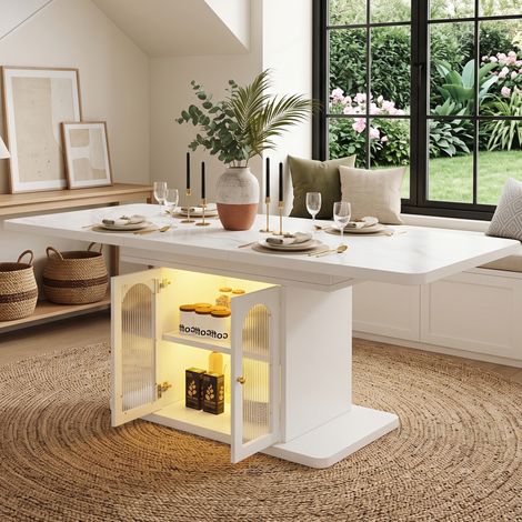 Tavolo da pranzo allungabile 150/200x80 cm con vano contenitore e illuminazione a LED, per 6-8 persone, stile scandinavo, in MDF bianco (1/5)