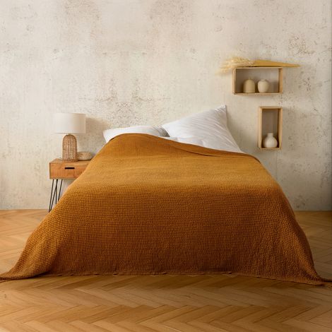 Plaid ou couvre lit 100% coton nid d’abeille Jaune Ocre 240x260 cm