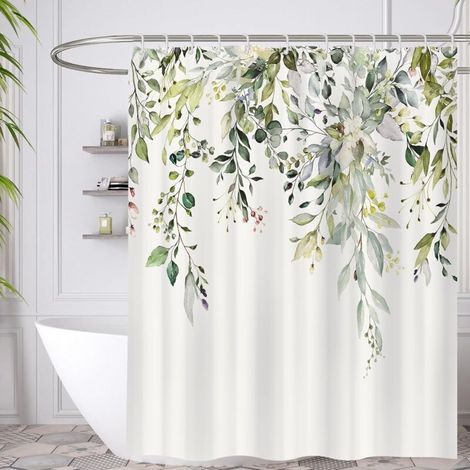 180 x 180 cm Waterproof and mildew-resistant shower curtain in 100% polyester with 12 hooks, Leaf Green (1/5)