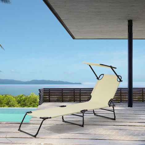 Tumbona plegable Lomeda con parasol acero 187x53x27 cm - Crema [casa.pro] (1/5)