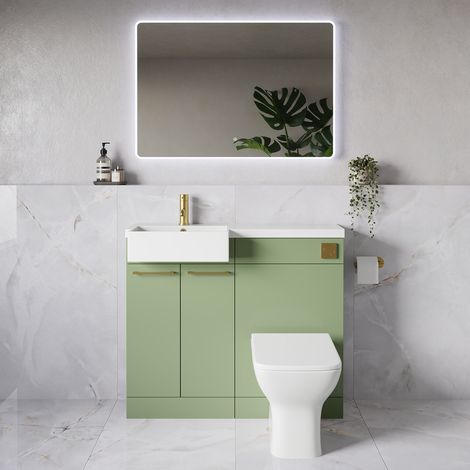 Napoli 250 Olive Green 1000mm 2 Door Vanity Unit Toilet Suite with Left Hand Square Rico Semi Recessed Basin - 1000mm - Brushed Brass 160mm HandleWith Kingston Toilet Pan and Seat