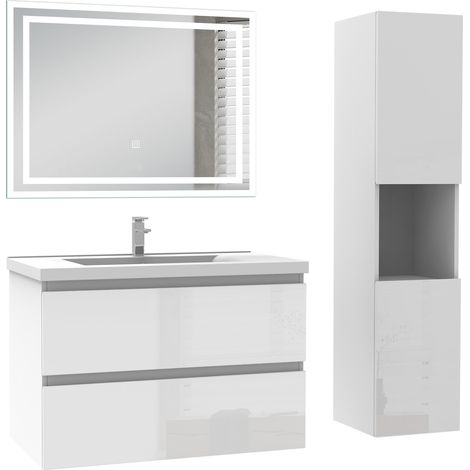 Ocean Ensemble de Meuble salle de bain 79cm avec 2 Tiroirs, miroir led + colonne 131.5cm, meuble Blanc Haut Brillant